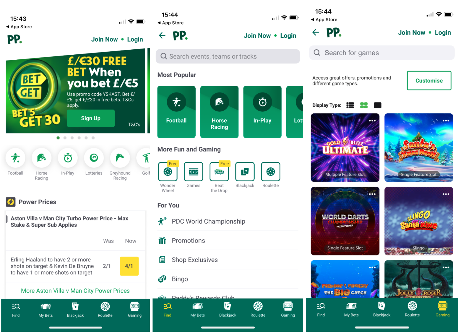 Paddy Power app screenshots, showing the app homepage, search tool and menu and games section